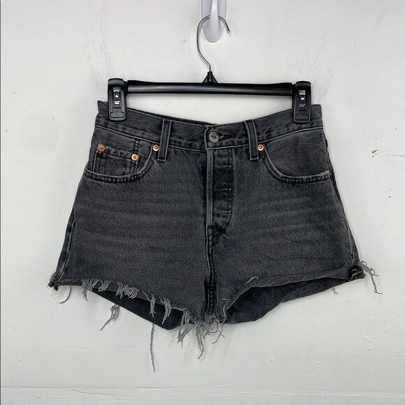 Levi's 501 Black Jean Shorts Distressed High-Waisted size  24 - Picture 1 of 12